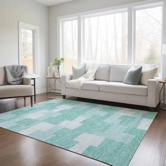 Teal Blue And Aqua Geometric Washable Indoor Outdoor Area Rug Photo 9
