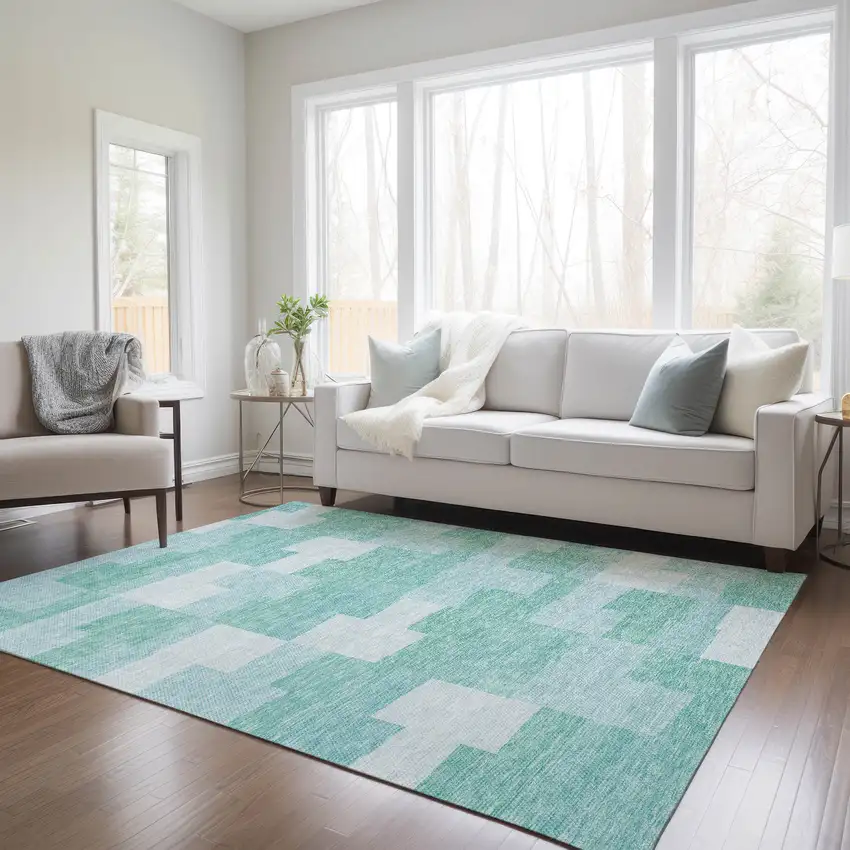 Teal Blue And Aqua Geometric Washable Indoor Outdoor Area Rug Photo 9