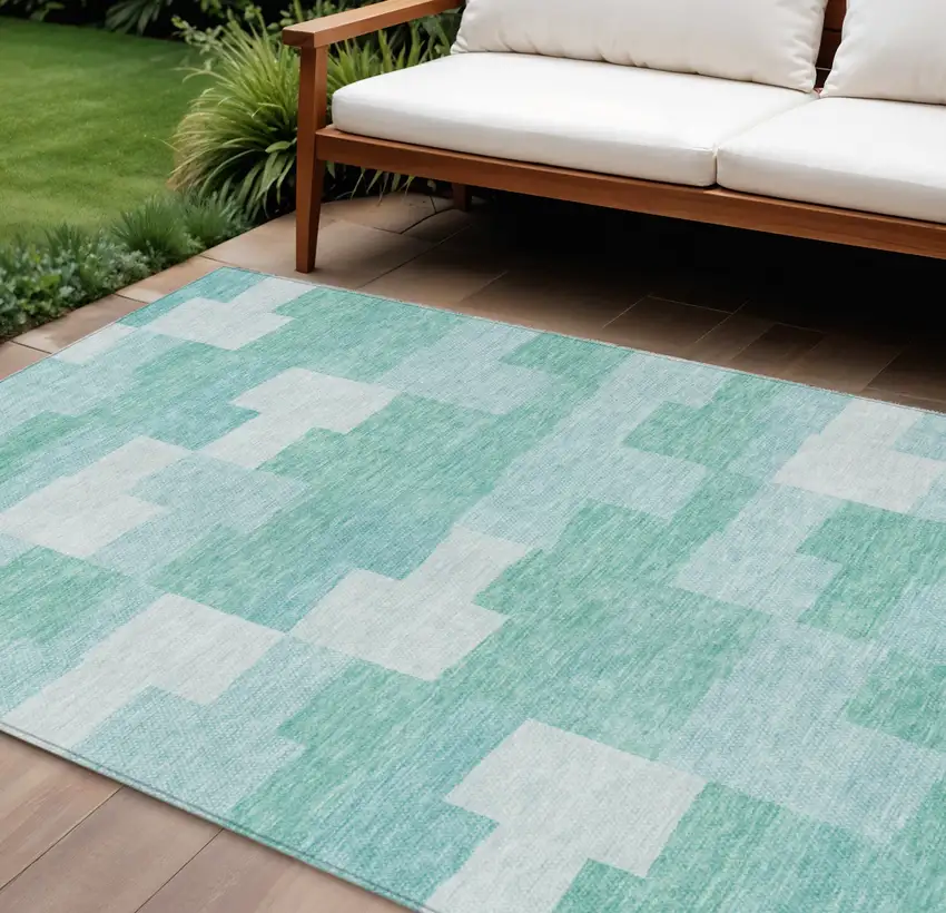 Teal Blue And Aqua Geometric Washable Indoor Outdoor Area Rug Photo 1
