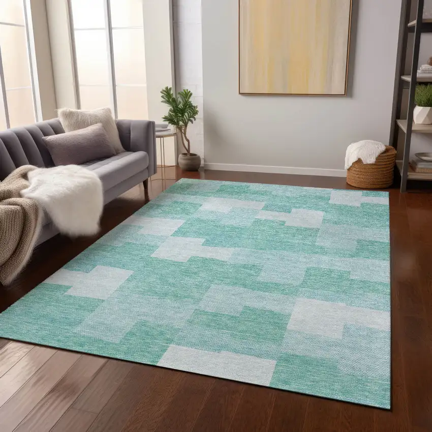 Teal Blue And Aqua Geometric Washable Indoor Outdoor Area Rug Photo 8