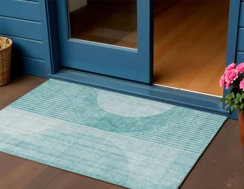 Teal Blue And Aqua Geometric Washable Indoor Outdoor Area Rug Photo 1