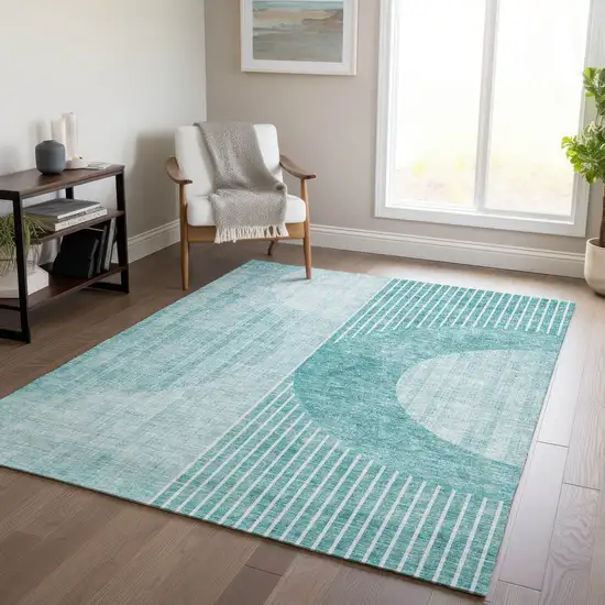 Teal Blue And Aqua Geometric Washable Indoor Outdoor Area Rug Photo 9