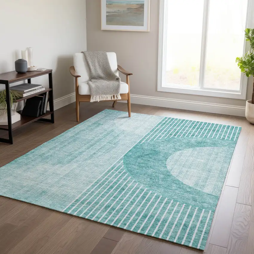 Teal Blue And Aqua Geometric Washable Indoor Outdoor Area Rug Photo 9