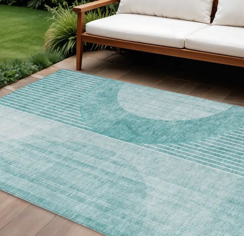 Teal Blue And Aqua Geometric Washable Indoor Outdoor Area Rug Photo 1