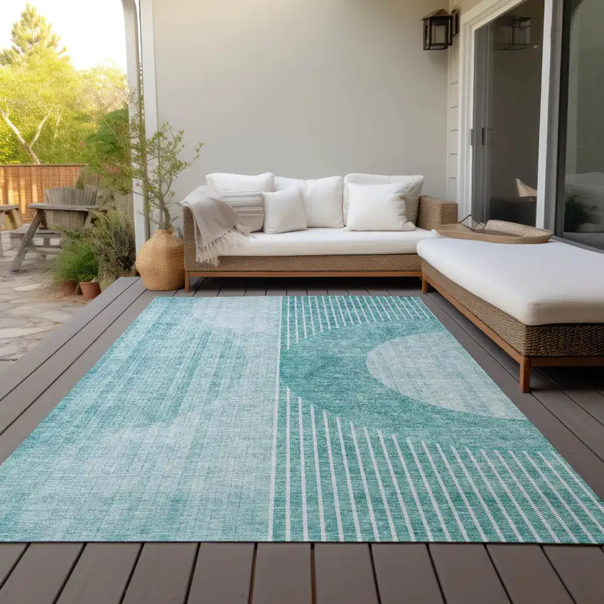 Teal Blue And Aqua Geometric Washable Indoor Outdoor Area Rug Photo 8