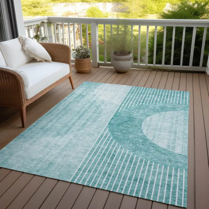 Teal Blue And Aqua Geometric Washable Indoor Outdoor Area Rug Photo 9