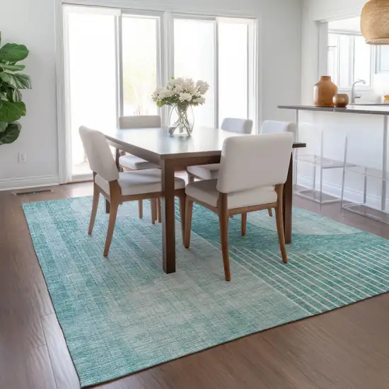 Teal Blue And Aqua Geometric Washable Indoor Outdoor Area Rug Photo 9