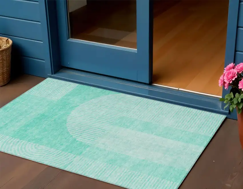 Teal Blue And Aqua Geometric Washable Indoor Outdoor Area Rug Photo 1