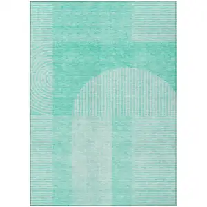 Photo of Teal Blue And Aqua Geometric Washable Indoor Outdoor Area Rug