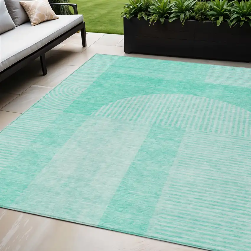 Teal Blue And Aqua Geometric Washable Indoor Outdoor Area Rug Photo 1