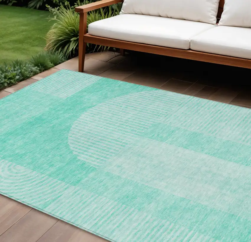 Teal Blue And Aqua Geometric Washable Indoor Outdoor Area Rug Photo 1