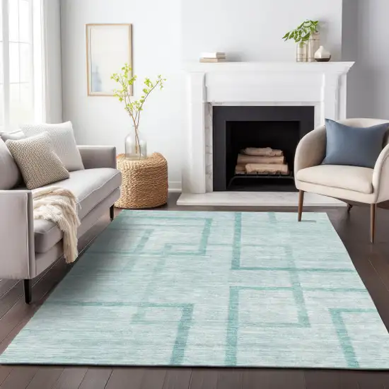 Teal Blue And Aqua Geometric Washable Indoor Outdoor Area Rug Photo 9