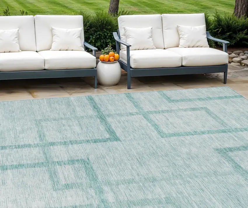 Teal Blue And Aqua Geometric Washable Indoor Outdoor Area Rug Photo 1