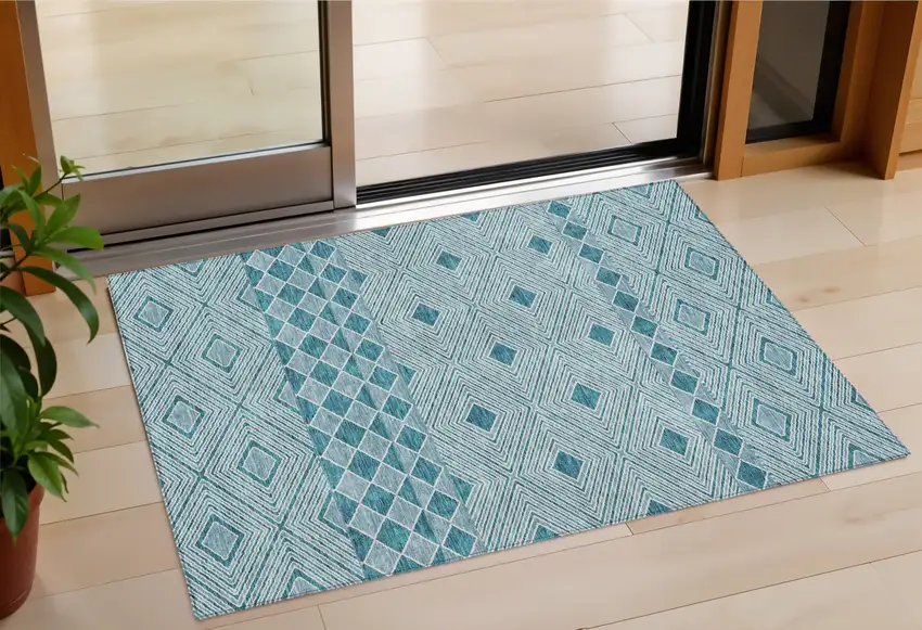 Teal Blue And Aqua Geometric Washable Indoor Outdoor Area Rug Photo 1
