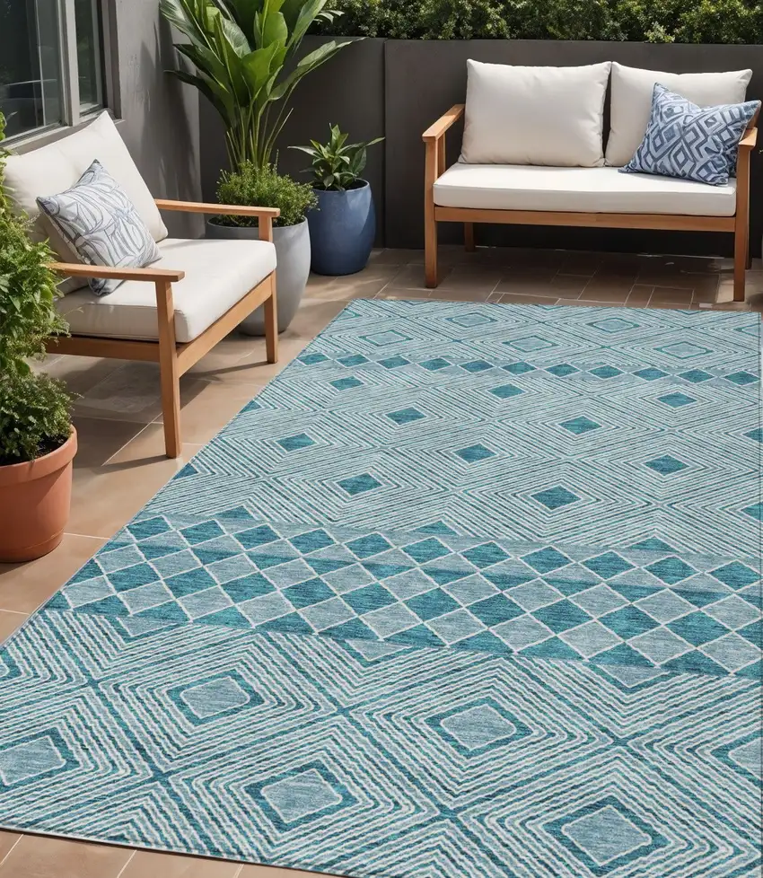 Teal Blue And Aqua Geometric Washable Indoor Outdoor Area Rug Photo 1