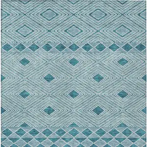 Photo of Teal Blue And Aqua Geometric Washable Indoor Outdoor Area Rug
