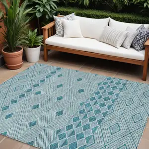 Photo of Teal Blue And Aqua Geometric Washable Indoor Outdoor Area Rug