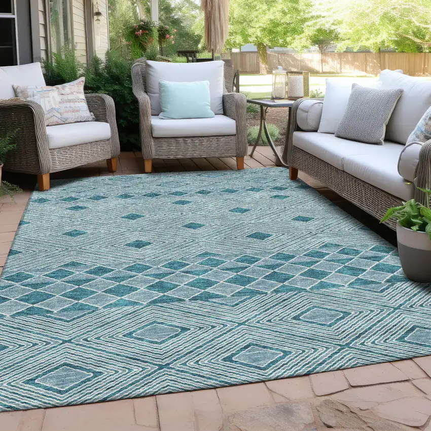 Teal Blue And Aqua Geometric Washable Indoor Outdoor Area Rug Photo 8