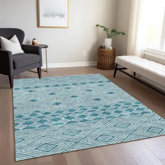 Teal Blue And Aqua Geometric Washable Indoor Outdoor Area Rug Photo 9