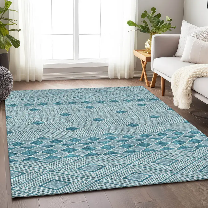 Teal Blue And Aqua Geometric Washable Indoor Outdoor Area Rug Photo 9