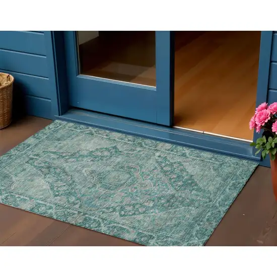 Teal Blue And Aqua Medallion Washable Indoor Outdoor Area Rug Photo 2