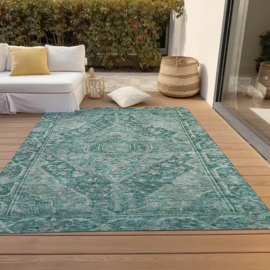Teal Blue And Aqua Medallion Washable Indoor Outdoor Area Rug Photo 8