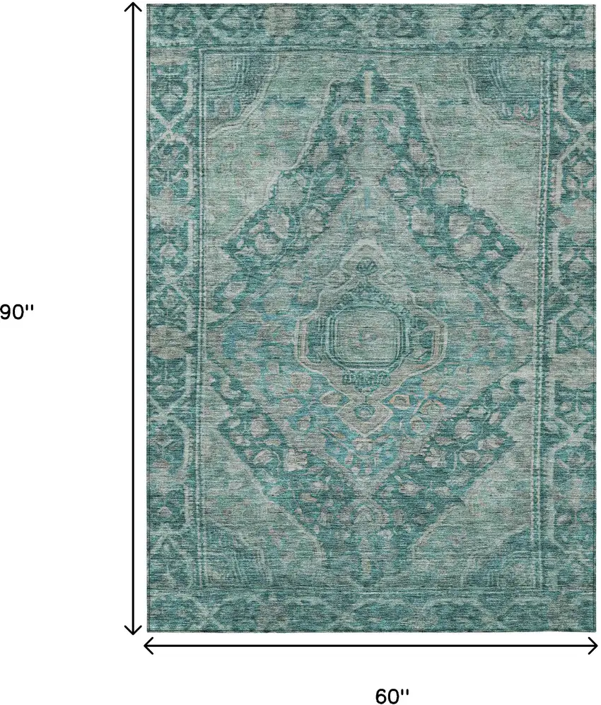 Teal Blue And Aqua Medallion Washable Indoor Outdoor Area Rug Photo 9