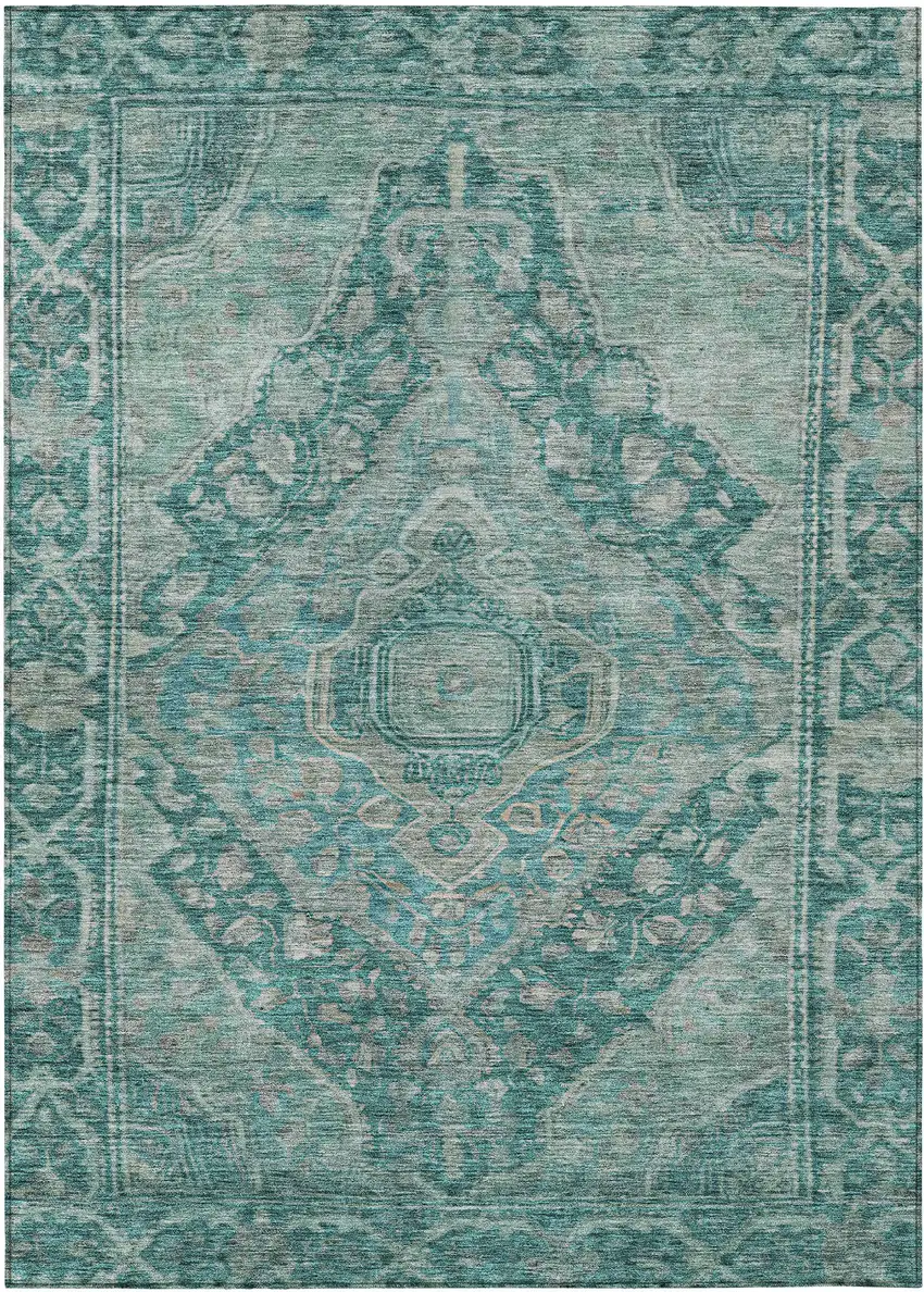 Teal Blue And Aqua Medallion Washable Indoor Outdoor Area Rug Photo 1