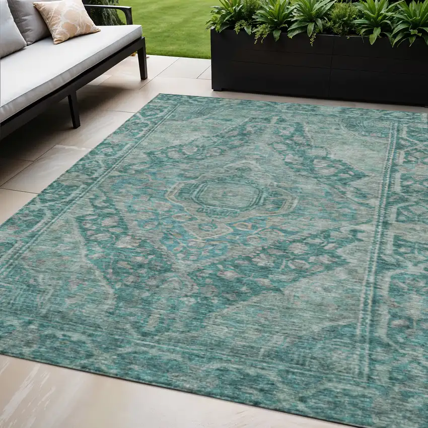 Teal Blue And Aqua Medallion Washable Indoor Outdoor Area Rug Photo 2