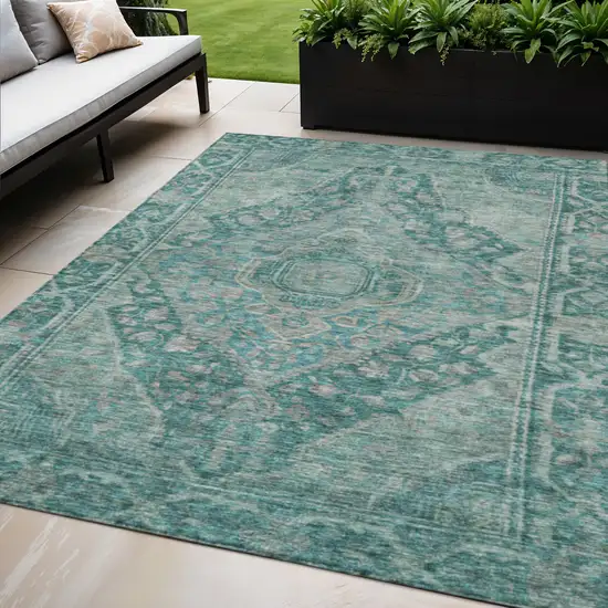 Teal Blue And Aqua Medallion Washable Indoor Outdoor Area Rug Photo 2