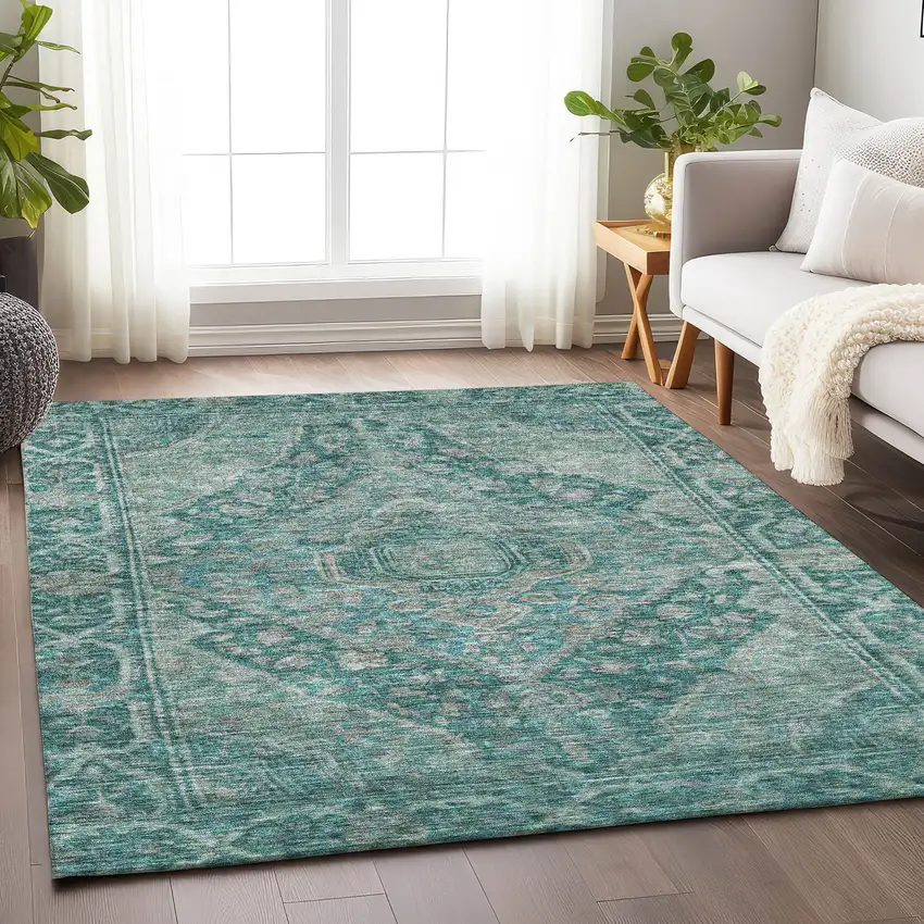 Teal Blue And Aqua Medallion Washable Indoor Outdoor Area Rug Photo 6