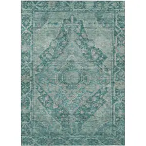 Photo of Teal Blue And Aqua Medallion Washable Indoor Outdoor Area Rug