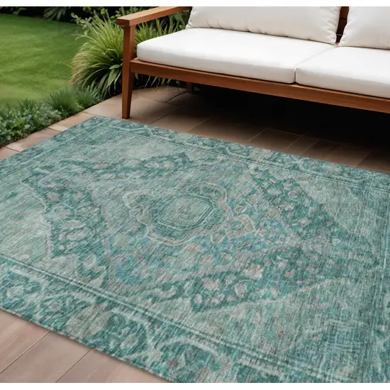 Teal Blue And Aqua Medallion Washable Indoor Outdoor Area Rug Photo 2