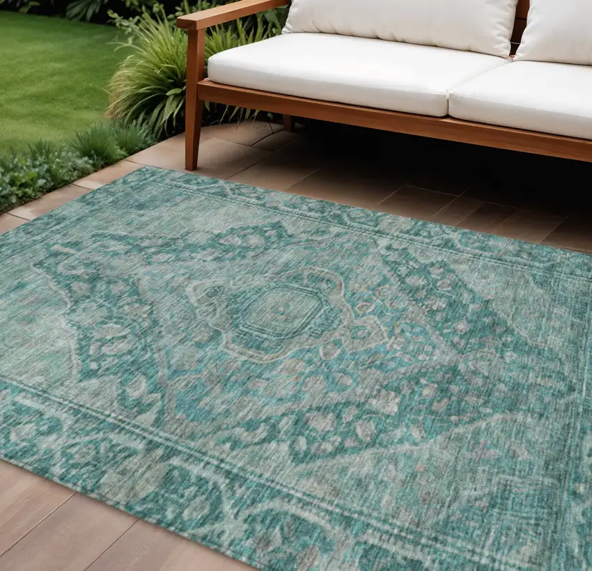 Teal Blue And Aqua Medallion Washable Indoor Outdoor Area Rug Photo 2