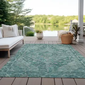 Photo of Teal Blue And Aqua Medallion Washable Indoor Outdoor Area Rug