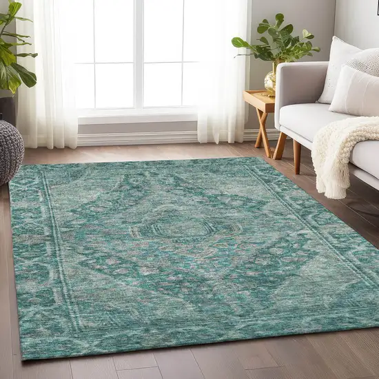 Teal Blue And Aqua Medallion Washable Indoor Outdoor Area Rug Photo 6