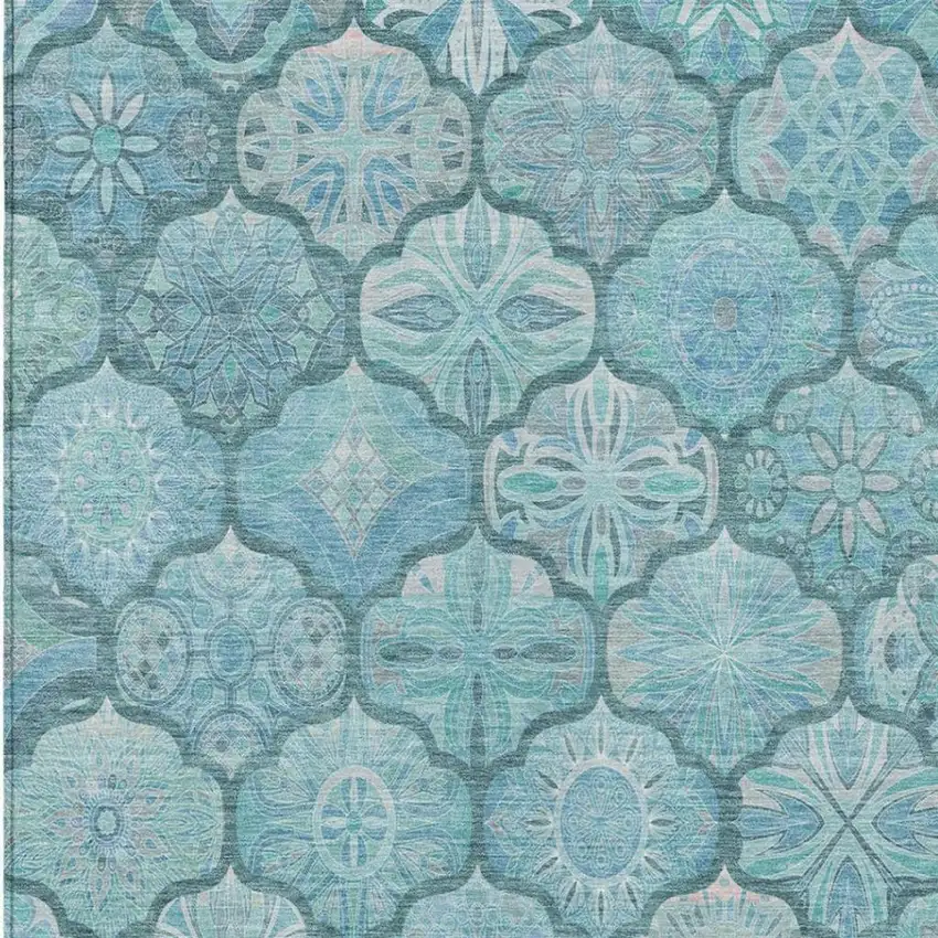 Teal Blue And Aqua Ogee Washable Indoor Outdoor Area Rug Photo 4