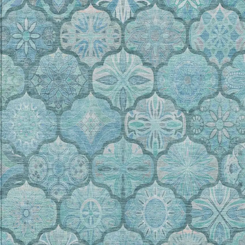 Teal Blue And Aqua Ogee Washable Indoor Outdoor Area Rug Photo 9