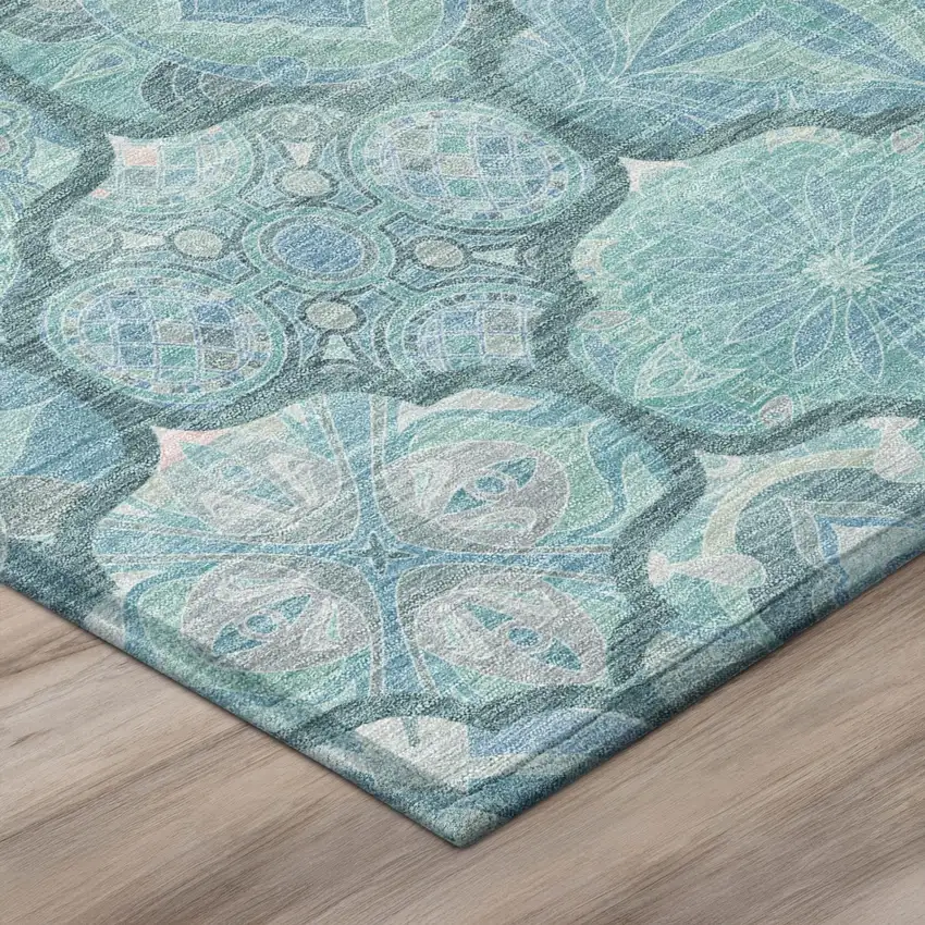 Teal Blue And Aqua Ogee Washable Indoor Outdoor Area Rug Photo 7