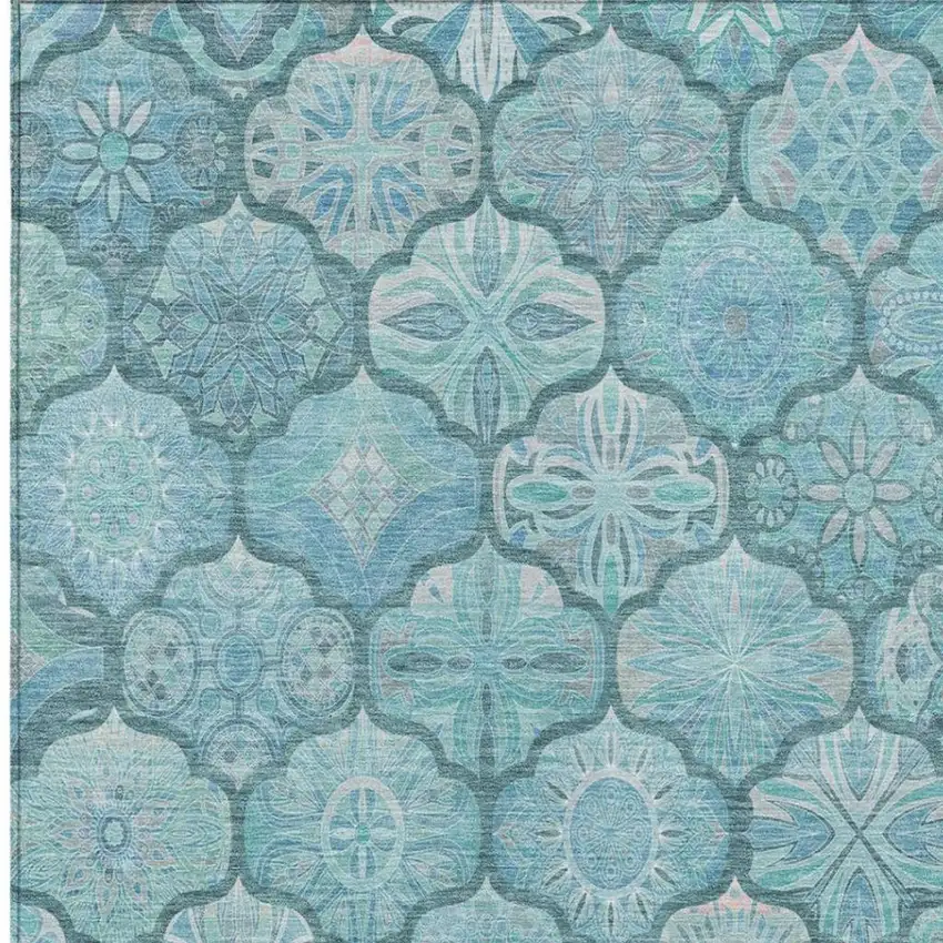 Teal Blue And Aqua Ogee Washable Indoor Outdoor Area Rug Photo 8