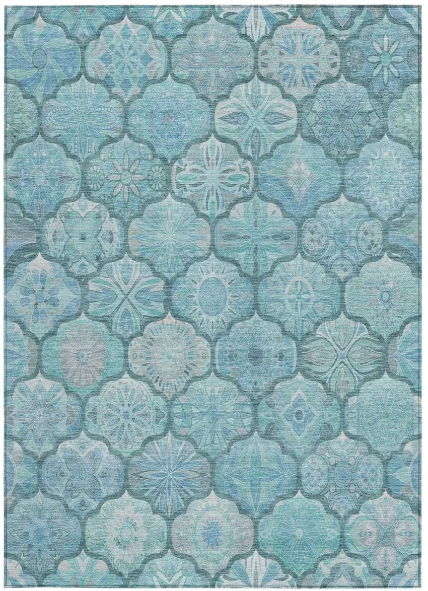 Teal Blue And Aqua Ogee Washable Indoor Outdoor Area Rug Photo 1