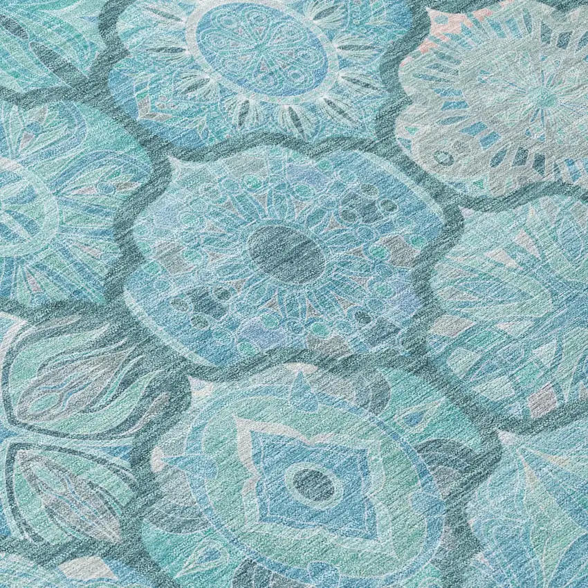 Teal Blue And Aqua Ogee Washable Indoor Outdoor Area Rug Photo 5