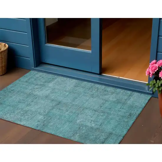 Teal Blue And Aqua Patchwork Washable Indoor Outdoor Area Rug Photo 1
