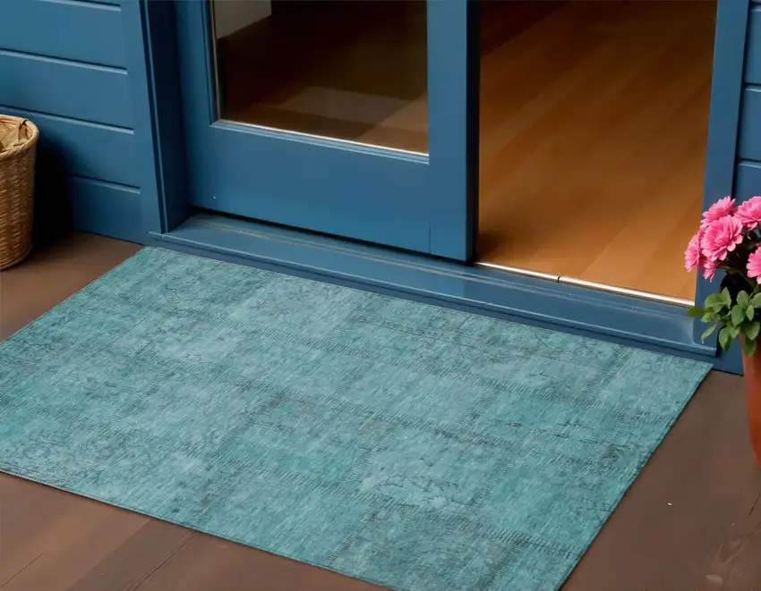 Teal Blue And Aqua Patchwork Washable Indoor Outdoor Area Rug Photo 1