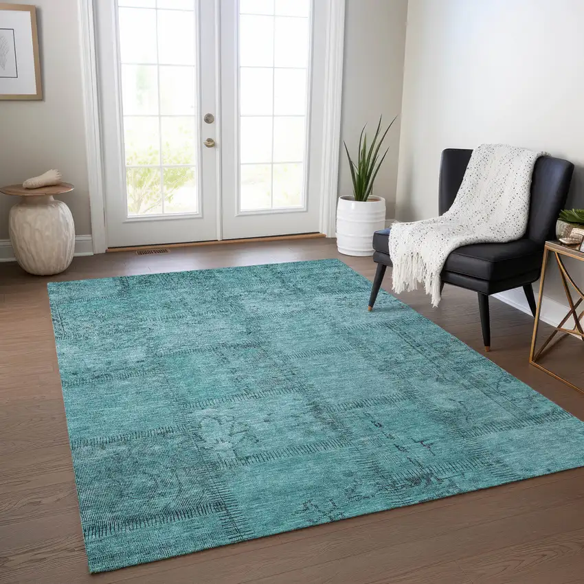 Teal Blue And Aqua Patchwork Washable Indoor Outdoor Area Rug Photo 8