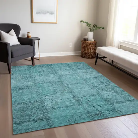 Teal Blue And Aqua Patchwork Washable Indoor Outdoor Area Rug Photo 9