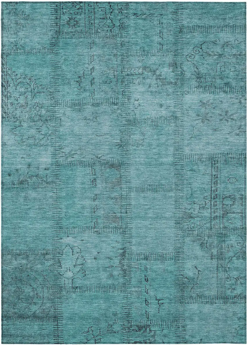 Teal Blue And Aqua Patchwork Washable Indoor Outdoor Area Rug Photo 2