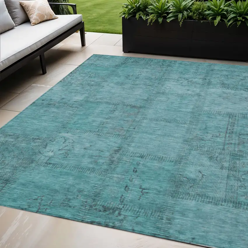 Teal Blue And Aqua Patchwork Washable Indoor Outdoor Area Rug Photo 1