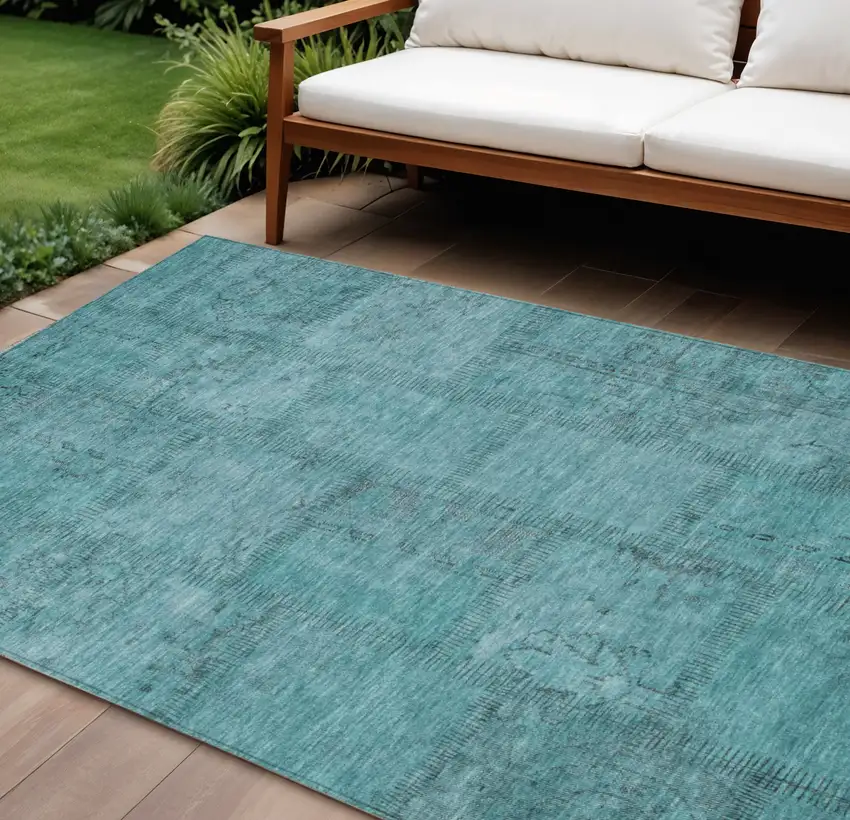 Teal Blue And Aqua Patchwork Washable Indoor Outdoor Area Rug Photo 1