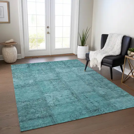 Teal Blue And Aqua Patchwork Washable Indoor Outdoor Area Rug Photo 8